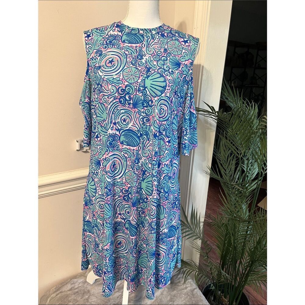 NWOT Simply Southern Cold Shoulder Seashell Print Swing Dress Size L Large 10/12